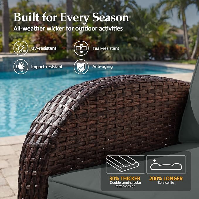 UPHA 6 Pieces Patio Furniture Sets, Wicker Outdoor Sofa Set with Loveseat & 3-Seat Couch, Swivel Chairs, Patio Conversation Set for Deck Backyard Garden, Brown Rattan, Gray Cushion