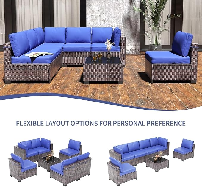 7 Piece Patio Furniture Set, All-Weather PE Wicker Sectional Sofa with Tempered Glass Coffee Table - Outdoor Conversation Set for Poolside, Garden, Porch in Brown + Blue