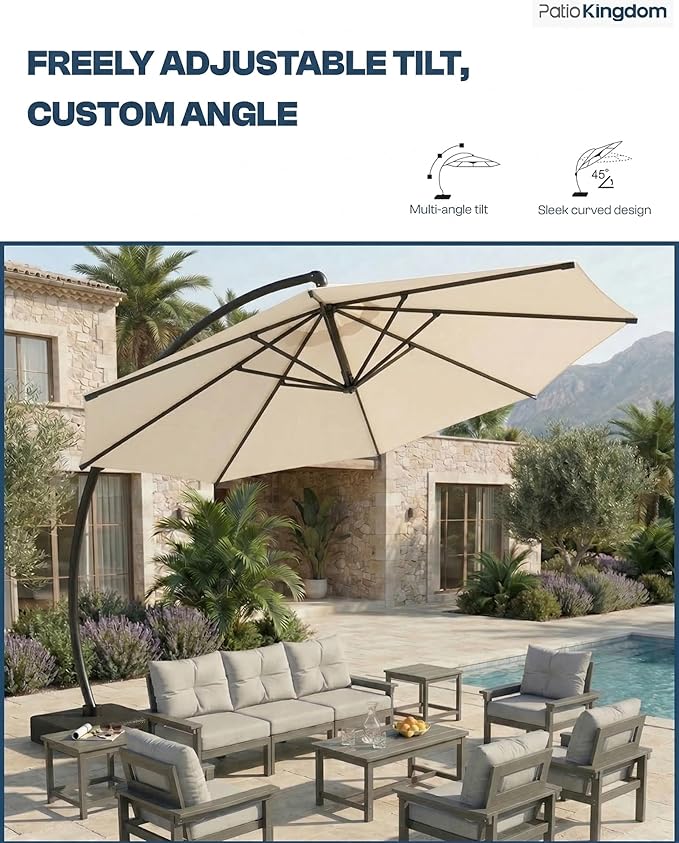 11 FT Cantilever Umbrella with Base Included, Large Round 360° Rotation Offset Umbrella Outdoor Patio, Heavy Duty Aluminum Frame, Sand-Weighted Stand, for Deck, Backyard, Pool, Garden (Cream White)