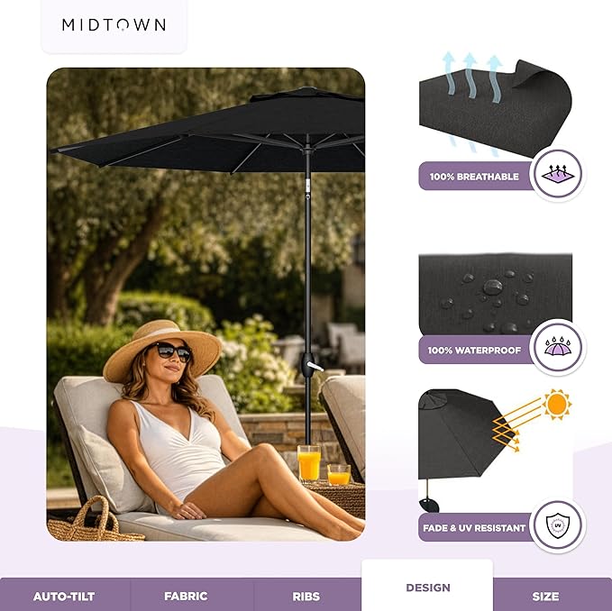 Midtown Umbrellas - The Lean 8 Ft Patio Umbrella with Fade-Resistant Sunbrella Fabric, Auto-Tilt Aluminum Frame and 8 Reinforced Ribs for Deck, Pool & Garden - Spectrum Carbon Canopy, Black Pole