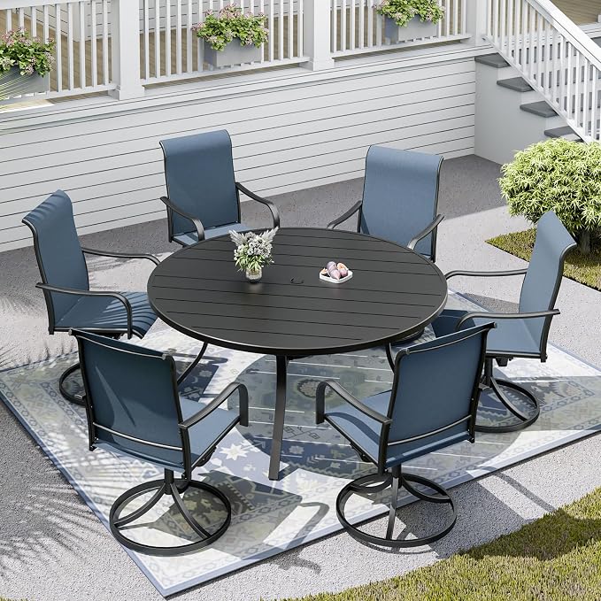 Patio Table and Chairs Set for 6 Person,54" Round Steel Slat Outdoor Table with 6 Breathable Textilene Swivel Chairs for Deck/Backyard/Poolside/Garden