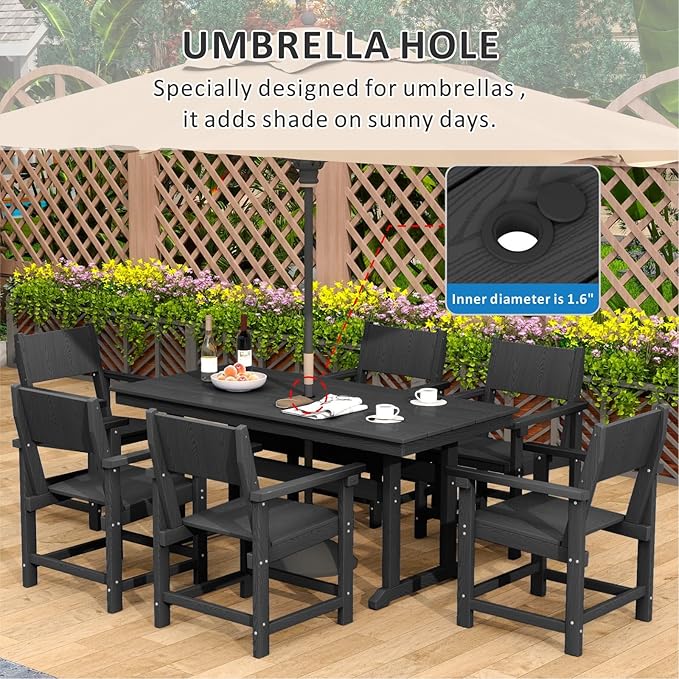7-Piece HDPE Outdoor Patio Dining Set,Outdoor Table and Chairs,Modern Plastic Dining Sets with Umbrella Hole Cut-Out Table and 6 Chairs Black