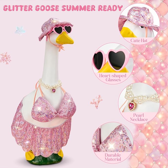 Pink Bikini Goose Clothes Set with Sunglasses Necklace Hat, Pink Sequin Swimming Suits Porch Goose Outfits for 23 Inch Goose Statue, Summer Pool Party Garden Decor (Pink)