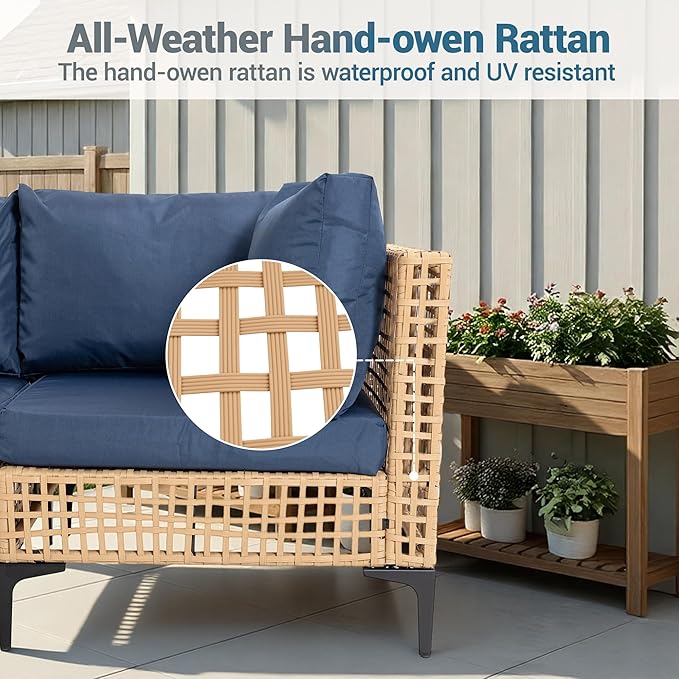 7-Piece Patio Furniture Set, All Weather Wicker Outdoor Sectional Conversation Sofa w/Thick Cushions & Glass Table for Lawn Poolside Backyard Porch, Blue