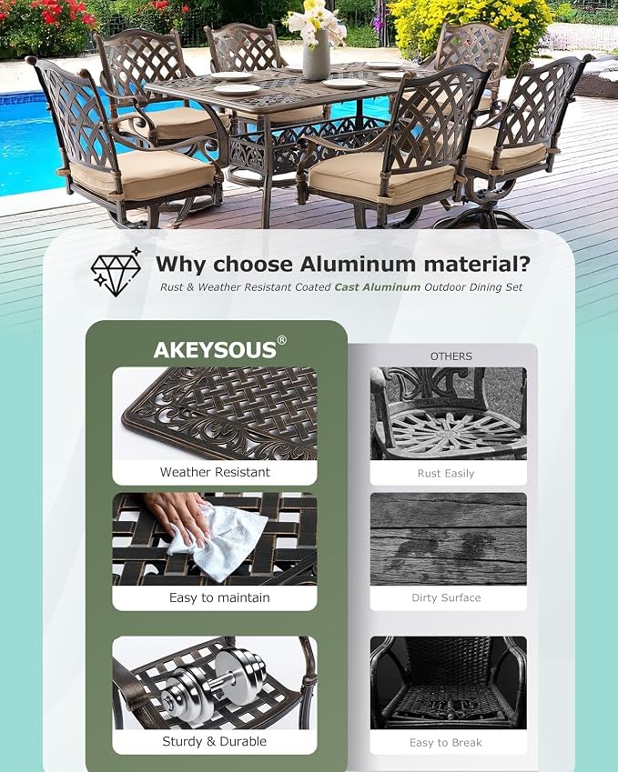 7 Piece Cast Aluminum Outdoor Dining Set, Retro Patio Dining Furniture Set for 6 Includes 59” Rectangular Table 6 Lattice Chairs with Thicker Cushions and Umbrella Hole for Porch Poolside Garden