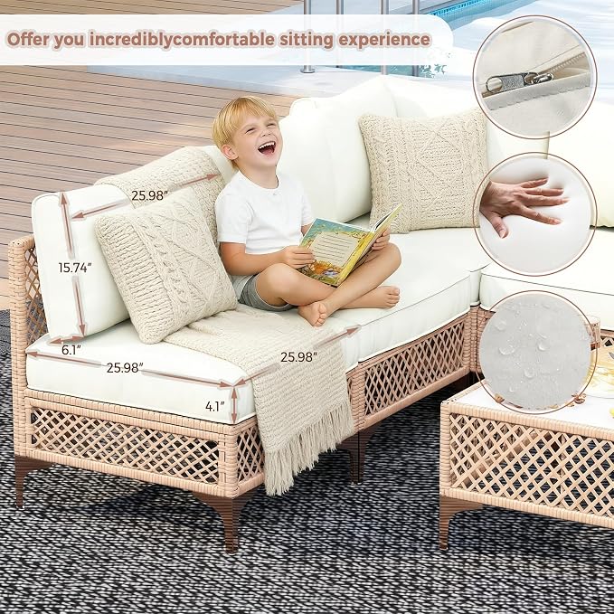 Outdoor Patio Furniture Set, Wicker Outdoor Sectional Set, Boho Patio Conversation Sectional Sofa with Large Tempered Glass Coffee Table and Waterproof Cushion (Large Size 5-Piece Patio Furniture)