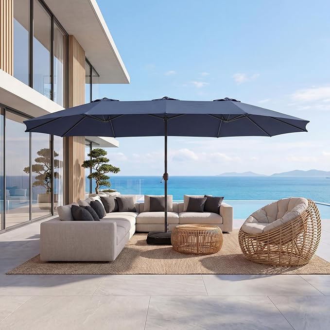 COSIEST 15FT Patio Umbrella with Base Included, Outdoor Double-Sided Table Umbrella,Large Rectangular Market Umbrella w Crank Handle for Garden, Pool, Deck Shade, Navy Blue