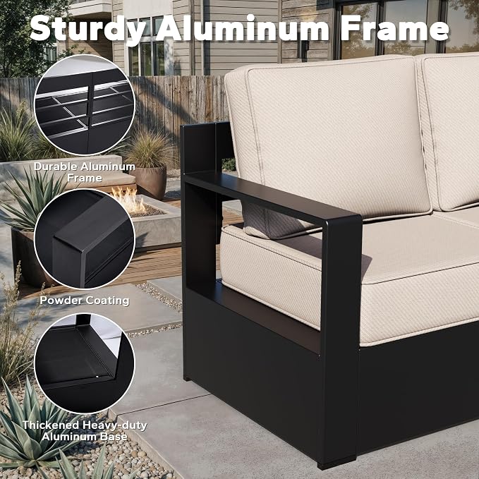Aluminum Patio Sofa - 3-Seater Outdoor Couch with 6" Thick Removable Cushions, All-Weather Metal Frame, Deep Setting for Garden, Poolside and Porch