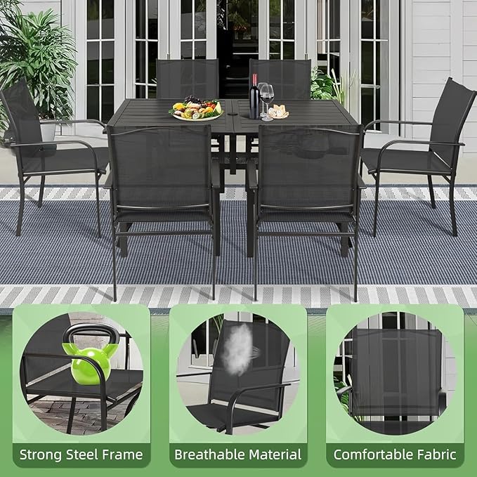 Incbruce 7 Pieces Outdoor Dining Set, Patio Metal Dining Set of 6 Textilene Chairs and Rectangle Table with Umbrella Hole for Lawn, Garden, Porch and Backyard (Black)