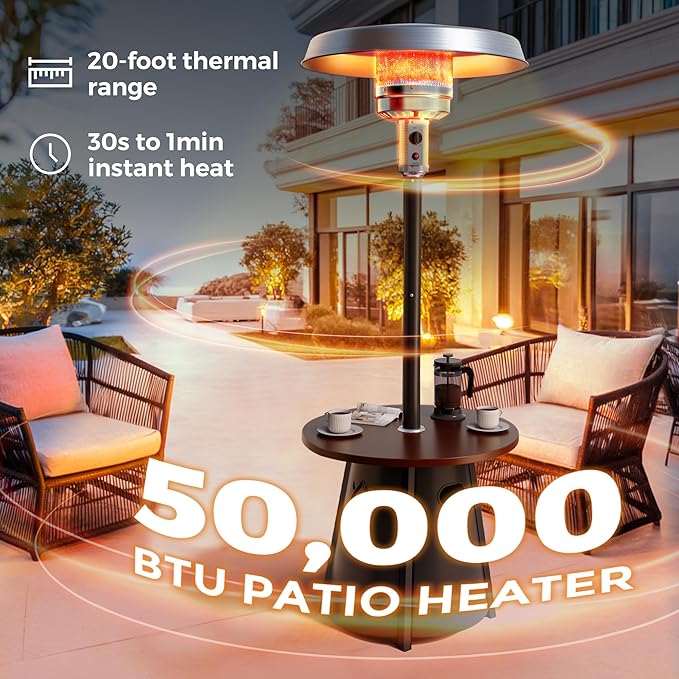 Pamapic Patio heater, 50,000 BTU Propane Outdoor Heater with Round Table, Premium 304 Stainless Steel Burner, Triple Protection System，2 in 1 Patio Heater for Outdoor Use, Residential & Commercial Use