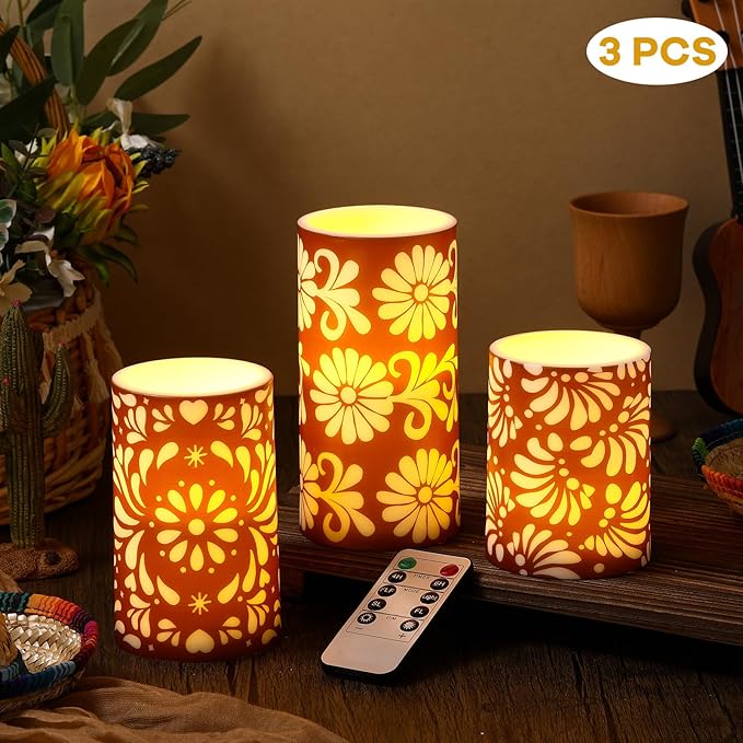 Baquler 3 Pcs Mexican Barro Flameless Candles with Remote Timer Battery Operated LED Flickering Pillar Mexican Home Decor Talavera Decor Mexico Gifts Dinner Holiday Decoration