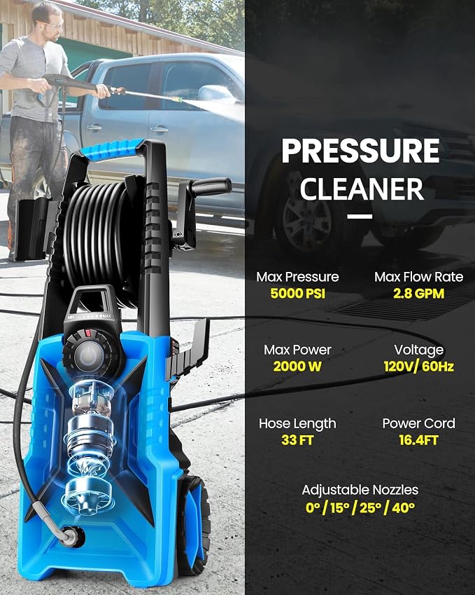 5000PSI Electric Pressure Washer, 2500-5000 PSI Adjustable Power Washer with 33ft Hose Reel, 4 Nozzles & Detergent Tank for Cars/Home/Driveways, Blue