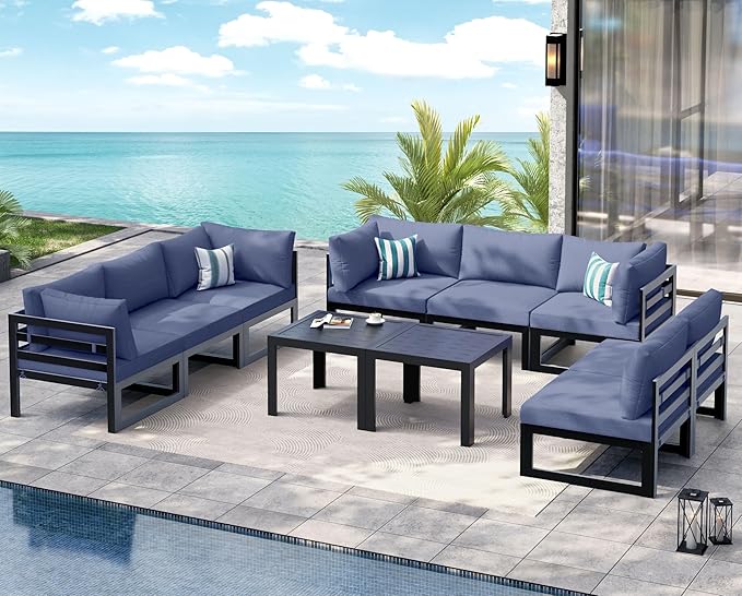 NICESOUL Extra Large Modern Aluminum Outdoor Sofa, 29" Deep Wide Seating, 500 lbs Durable Sectional Set for Heavy People, Rust Resistant Sturdy Patio Furniture Set for Backyard Poolside, Denim Blue
