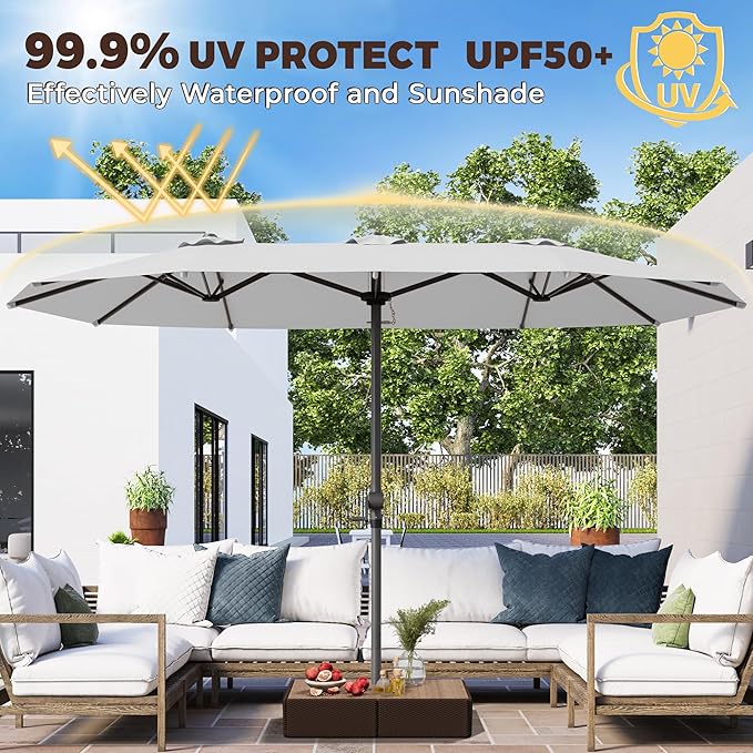 GDPFN 15FT Large Patio Umbrella, Outdoor Deck Standing Umbrella with Crank Handle, Double-Side Rectangular Pool Umbrella for Outside, Market, Patio, Light Gray (Base Not Include)