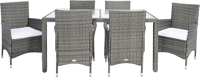 SAFAVIEH Outdoor Collection Ashwin Natural/White Cushion Faux Rattan Dining Set