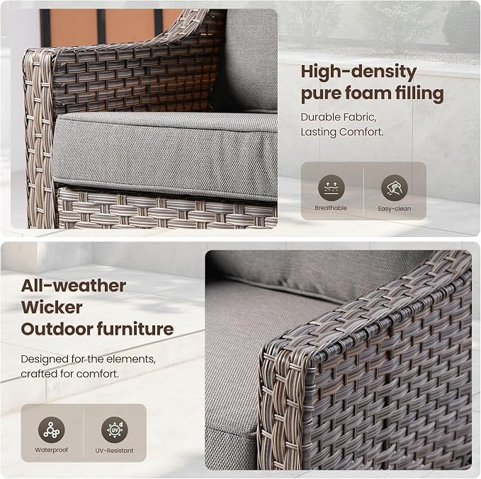 4 PCS Patio Conversation Set, All-Weather High Back Wicker Outdoor Patio Furniture Sets with Two Single Chairs, Solar Light Coffee Table,Outside Furniture for Porch Backyard Balcony,Dark Grey