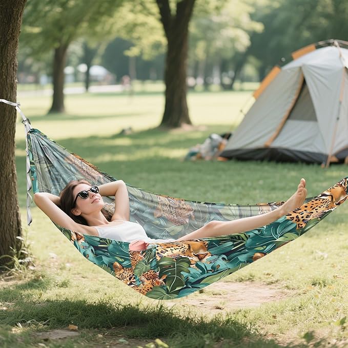 Camping Hammock Outdoor Hammocks for Outside Leopard Tropical Leaves Beach Trees Portable Lightweight with Pockets Tree Straps Indoor Small