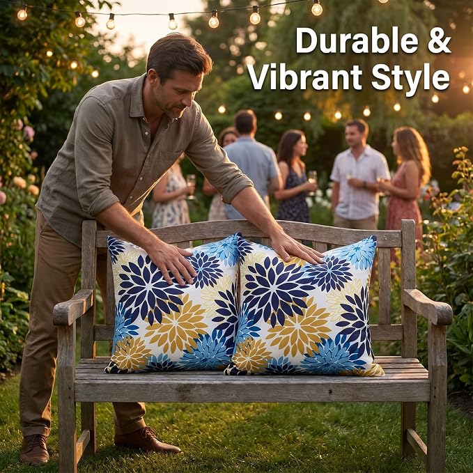 Outdoor Pillows Waterproof Throw Pillow Covers Set of 2 Dahlia Flowers Cushion Covers 18×18 Inch Blue and Yellow Decorative Square Pillow Case for Tent Sunbrella Garden Bench Living Room Sofa