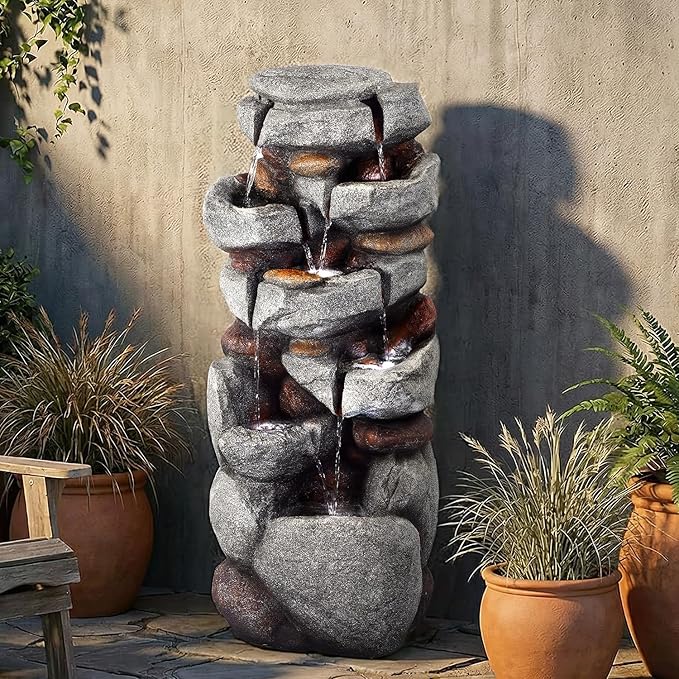40" H Outdoor Water Fountain, Cascading Rock Waterfall Fountain with 6 White LED Lights, 7-Tiers Large Water Feature for Outdoor, Garden Water Fountain for Patio, Yark, Deck, Porch, Home Decor