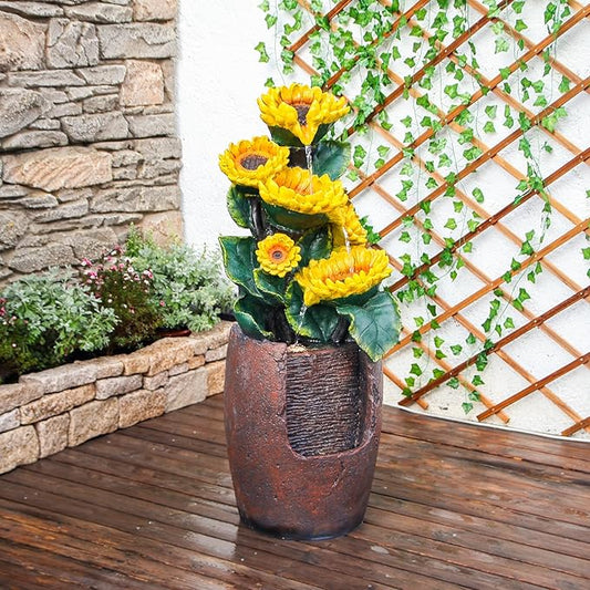 YZM Cascading Sunflower Water Fountain 39.7 Inch Tall 4-Tier Outdoor Fountain for Garden Patio Backyard Freestanding Decorative Waterfall with Lights