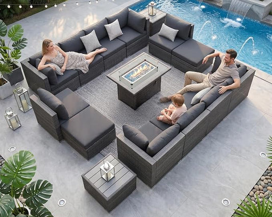 NICESOUL 15 Piece Patio Set with Fire Pit Table, Luxury Large Size Outdoor Furniture with Firepit, 29.3" Highback Deep Seating 500 lbs Heavy Duty for Backyard, Deck, Dark Grey