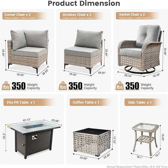 Outdoor Patio Furniture Sets,9 PCS Patio Conversation Set Outside Rattan Sectional Sofa with 42 in Fire Pit Table Wicker Rocking Chair Coffee Table Fit Backyard Porch Garden Poolside Balcony