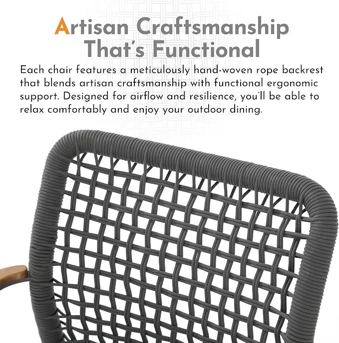 Modern Shade Riviera Outdoor Dining Chairs Set of 2, Fade Resistant, All-Aluminum Woven Rope Outdoor Chairs with FSC Teak Wood Armrests, Weather-Resistant Patio Chair with Quick Dry Cushion, Gray