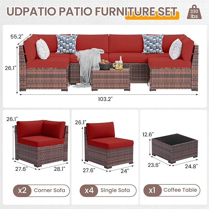 UDPATIO Patio Furniture Set, Modular Outdoor Sectional with 105°Slanted Back, 7 Pieces Rattan Conversation Set for Poolside, Backyard, Deck, with Coffee Table, Waterproof Cover,Red