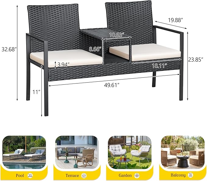 Greesum Patio Conversation Set Outdoor Wicker Furniture Sets with Soft Cushions and Built-in Coffee Table for Lawn, Garden and Backyard, Beige