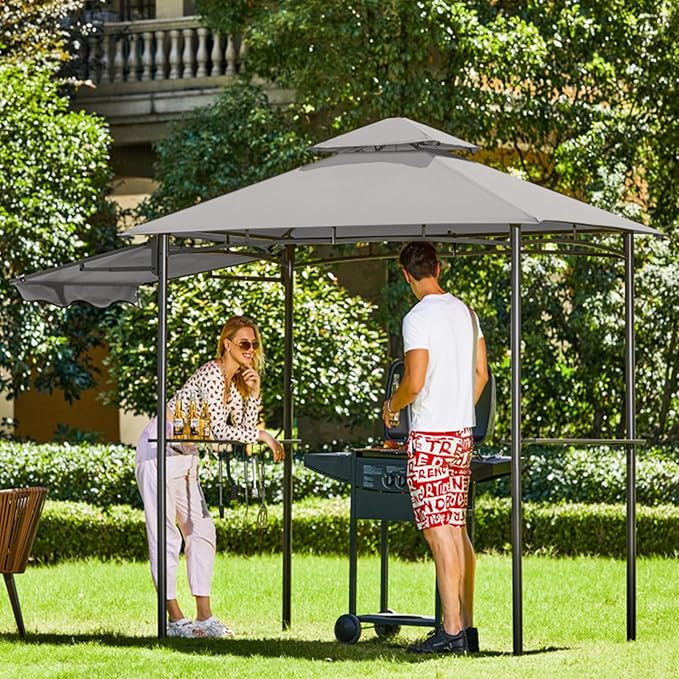 FAB BASED 5x8 Grill Gazebo with Extra Awning, All-Weather Steel Construction, Double Tiered & Resistant Canopy Roof, Metal Serving Shelves, 2 LED, Bottle Opener for Patio, Backyard, BBQ (Light Gray)