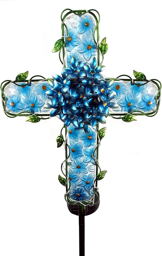 COOZZYHOUR Solar Cross Garden Lights Outdoor Decorative - Solar Metal&Glass Cross Blue Hydrangea Flower Stake Lights- Waterproof 20 Warm White LED for Remembrance Gifts