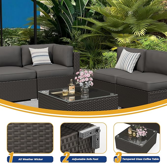 7 Pieces Outdoor Patio Furniture Set, Black Brown Wicker Patio Sectional Sofa Set, Outdoor Couch with Cushion and Tempered Glass Table, Grey