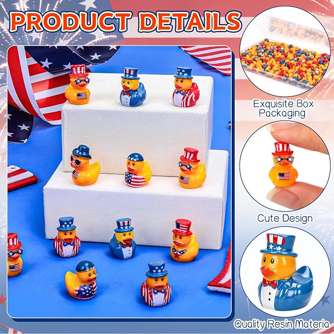 200 Pcs Patriotic Mini Resin Ducks 6 Style Bulk Tiny Duck Figurines 250th Anniversary Independence Day Decorations 4th of July Patriotic Ducks for Party Favors DIY Crafts and Desk Decor
