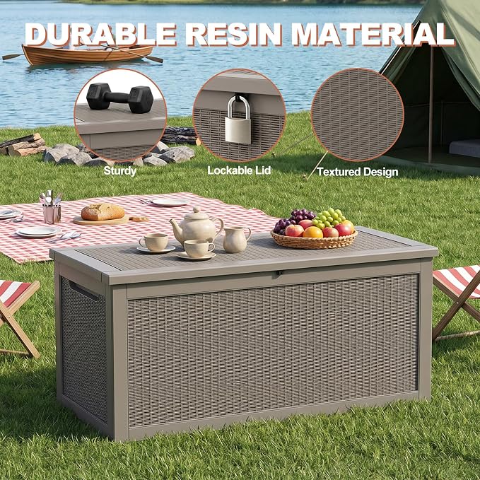 EFU Outdoor Storage Box 320 Gallon Deck Box (Indoor & Outdoor) Lockable UV Resistance Waterproof Resin Storage Bin Storage Box for Outdoor,Patio Storage With Support Rod(Taupe)