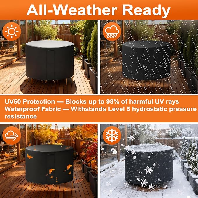28"(D) x 60"(H) Round Outdoor Furniture Cover, Custom Heavy Duty 420D Waterproof Patio Furniture Cover with Drawstring & Buckles for Table Chair Garden, Black