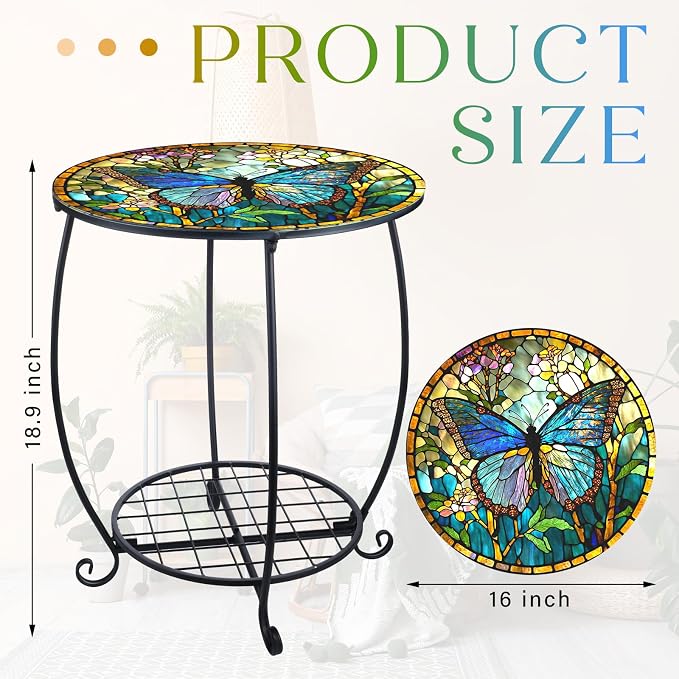 Cinnvoice Outdoor Side Table Round Small Mosaic Patio Accent Indoor End Plant Coffee Tea Table for Yard Patio Porch Garden Living Room, Bedroom(Butterfly Style,16 Inch)