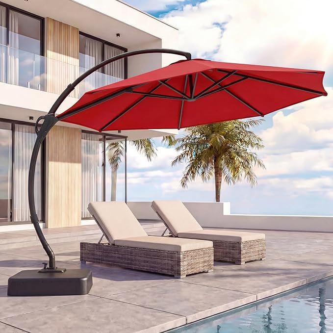 LAUSAINT HOME 11ft Patio Cantilever Umbrella with Base Included, Outdoor Curvy Round Offset Umbrella, Heavy Duty Aluminum, 360° Rotation for Pool, Deck, Lawn, Backyard (Red)