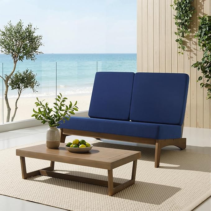 UIXE 8 Pieces All Weather Wood Patio Furniture Sets, 2 Patio Loveseat, 4 Patio Bistro Chair, Outdoor Sectional Sofa Furniture Backyard Conversation Set with Coffee Table - Navy