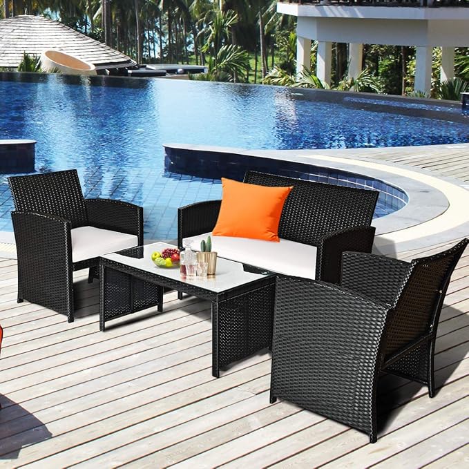 COSTWAY 4 Pieces Patio Rattan Furniture Set, Outdoor Wicker Conversation Set with Soft Cushions & Tempered Glass Coffee Table, Cushioned Chair Sofa for Backyard, Porch, Poolside, Lawn, Garden, White