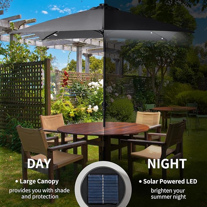 Outsunny 9' x 7' Solar Umbrella, LED Lighted Patio Umbrella for Table or Base with Tilt & Crank, Outdoor Umbrella for Garden, Deck, Backyard, Pool, Beach