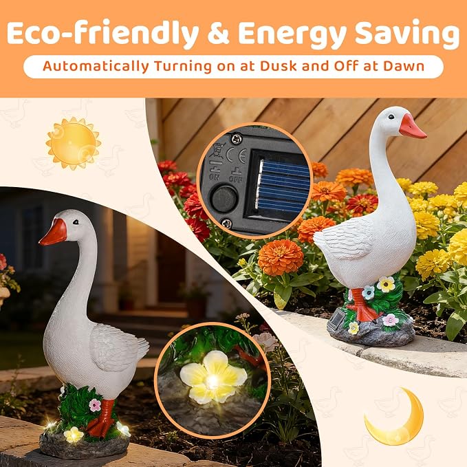 Large Porch Goose Statue with Solar Garden Light,20 Inch Realistic Hand-Painted Goose Sculpture, All-Weather Resin Outdoor Decor for Garden, Yard, Patio, Fits Standard Goose Porch Duck Outfits,White