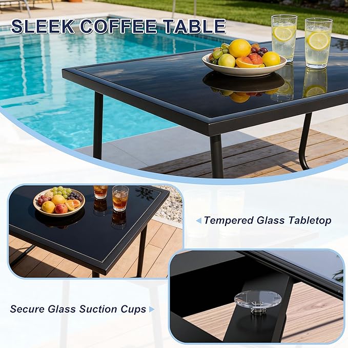 4-Piece Outdoor Patio Furniture Set, All-Weather & Easy Assembly Outdoor Conversation Set with Tempered Glass (2 Single Seats, 1 Loveseat, 1 Coffee Table) for Garden, Patio, Yard, Poolside