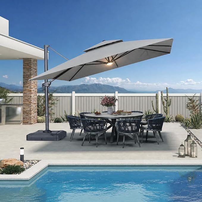 PURPLE LEAF 12 FT Cantilever Umbrella Outdoor Patio Umbrella with Light, Large Offset Square Umbrella, Windproof Heavy Duty Hanging Outside Umbrellas for Patio, Pebble Grey
