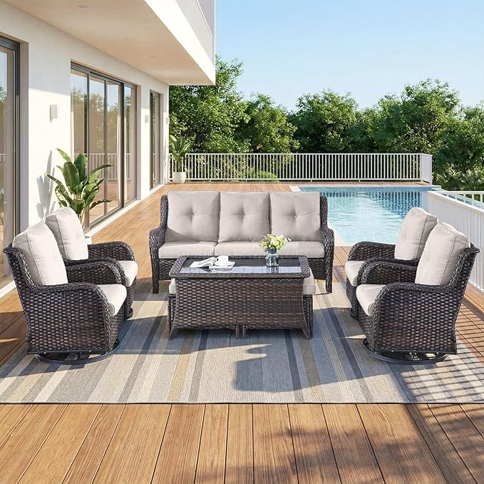8 Piece High Back Wicker Patio Furniture Set - Patio Conversation Set with 4 Inch Thick Cushions and Deep Seating Swivel Glider Chairs Set of 4 & Outdoor Couch for Porch Deck Yard Pool