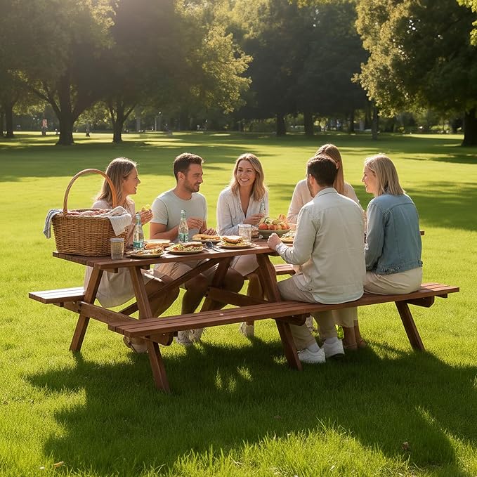 12 Person Rectangle Picnic Table, 95 inch Large Outdoor Picnic Table with 2 Bench, Umbrella Hole, Outside Wood Dining Table Set for Patio, Backyard, Garden, Porch, 2220lb Capacity, Brown