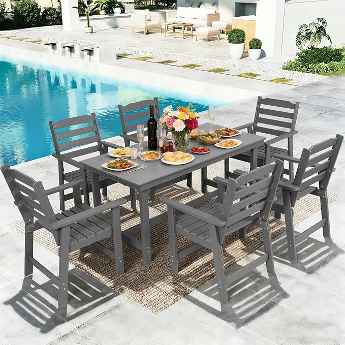 FUNBERRY Outdoor Dining Set, HDPE 7 Piece Dining Table Set with Chairs | 2" Umbrella Hole Table, Wood-Grain, HDPE All Weather, No Rot or Rust or Crack, UV Fade Shield, Easy-Clean for Outside