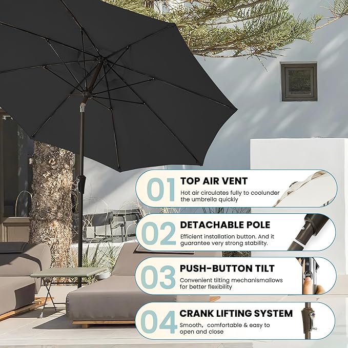 9FT Large Outdoor Patio Umbrella Pool Market Umbrella-UV Resistant, Easy Push Button Tilt and Crank, 8 Sturdy Ribs Heavy-Duty Table Umbrella for Deck, Backyard, Garden (Black)