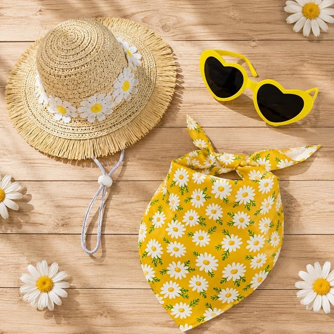 Summer Daisy Porch Goose Outfit Set, Straw Sun Hat Heart Sunglasses Yellow Daisy Bandana, Fits 23 Inch Lawn Goose Statue, Holiday Decor Outfit, Outdoor Garden Yard Goose Decor.