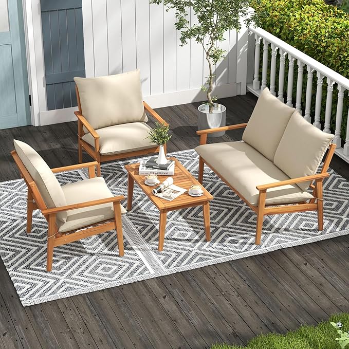Tangkula 4 Pieces Patio Furniture Set, Outdoor Acacia Wood Conversation Set with Soft Cushions and Coffee Table, Outdoor Sectional Sofa Set for Lawn, Garden, Backyard and Poolside (1, Natural)