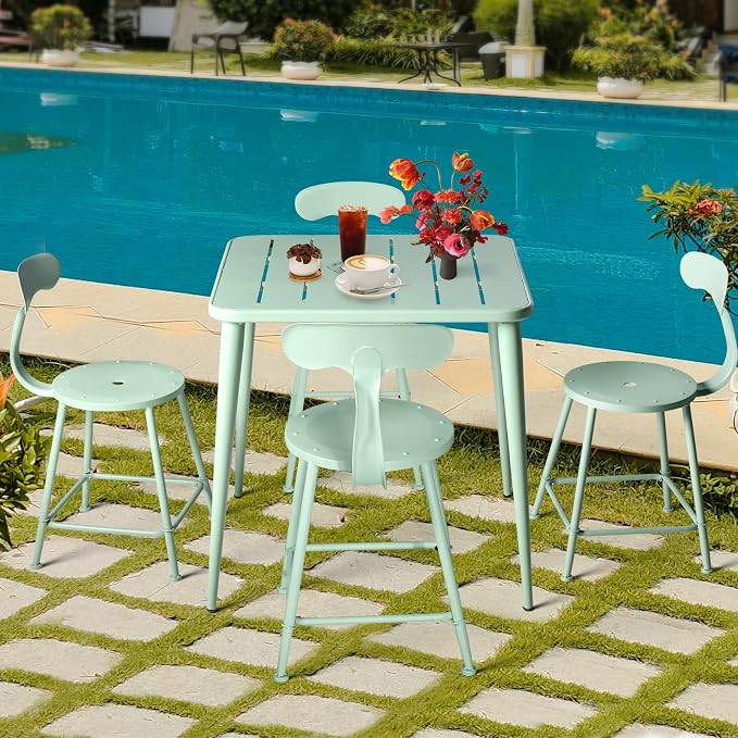 Modern Square Metal Patio Dining Table for 4 People for Outdoor&Indoor Home Cafe Bar Table Office Computer Meeting Desk Lawn Backyard Balcony 27.5" Lx27.5 Wx30 H (Pea Green)